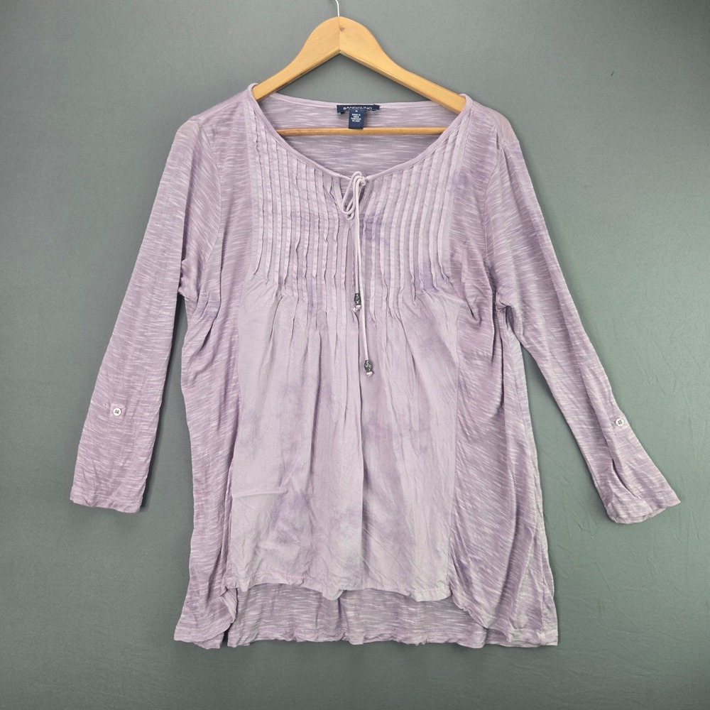 Bandolino Blouse Peasant Top Size M Purple Slub Knit Pleated 3/4 Roll Tab Sleeve